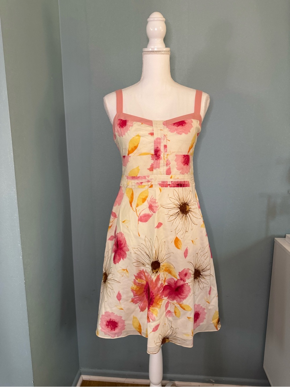 Ann Taylor Fall Floral Petite Midi Dress Tailored Pink Brown Yellow 4P